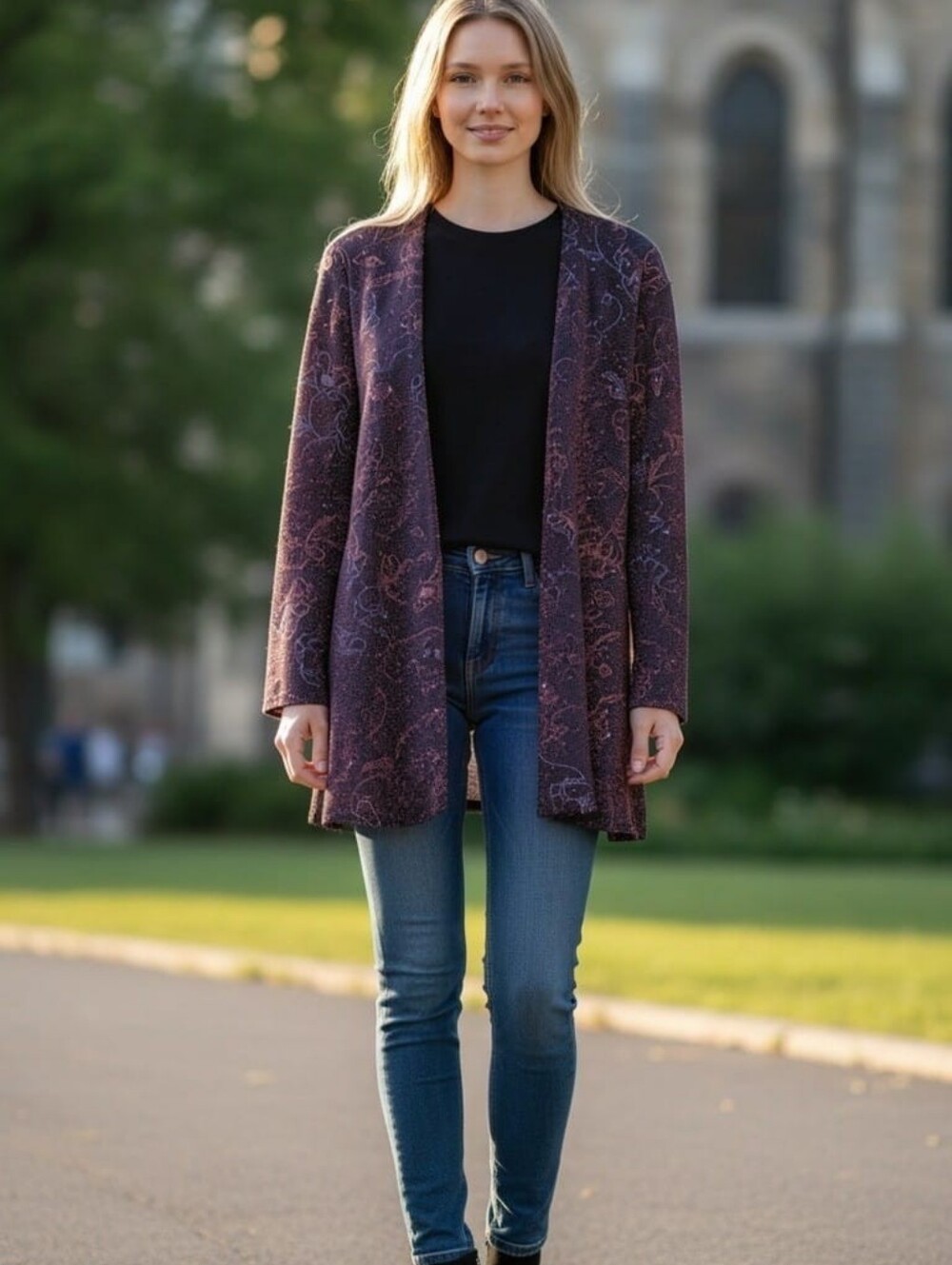 Onyx Nite Open-Front Purple Printed Cardigan